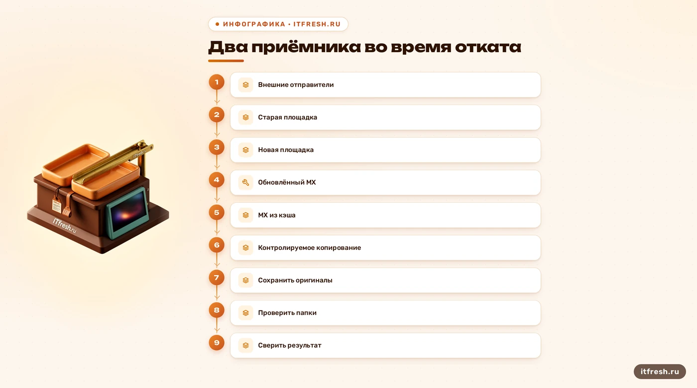 Потоки при возврате MX: отправители используют разные ответы DNS, недостающую почту копируют обратно.