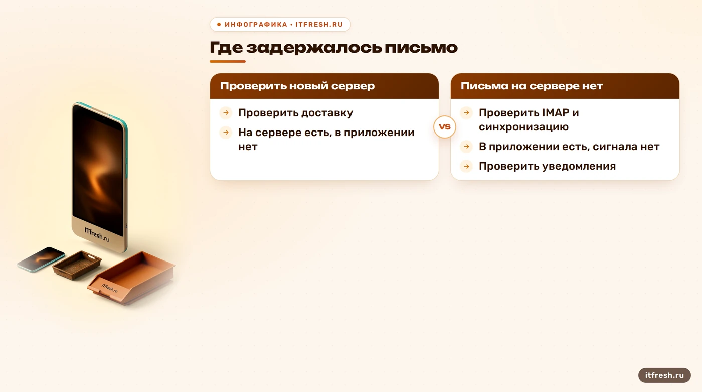 Диагностика почты Android: доставка на сервер, синхронизация приложения и уведомления