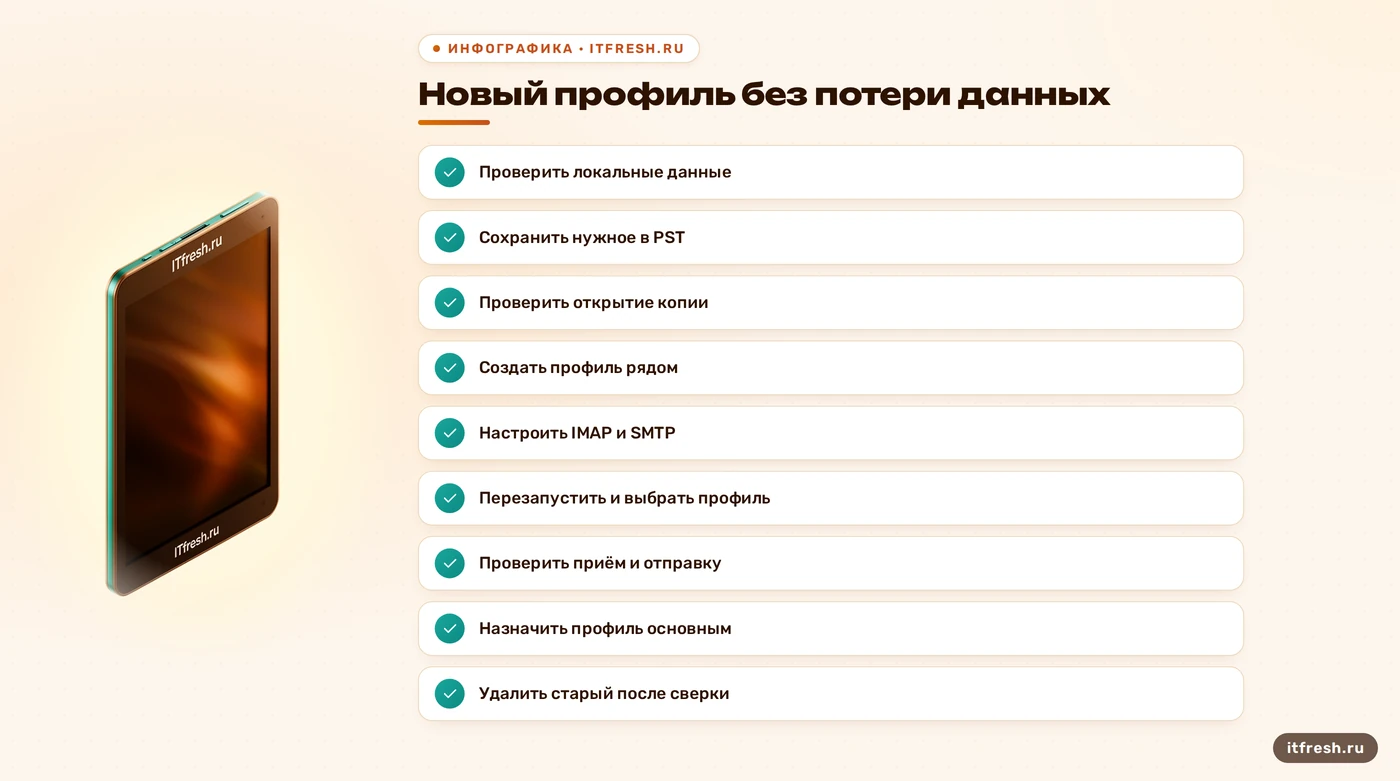 Порядок настройки профиля Outlook с сохранением локальных данных