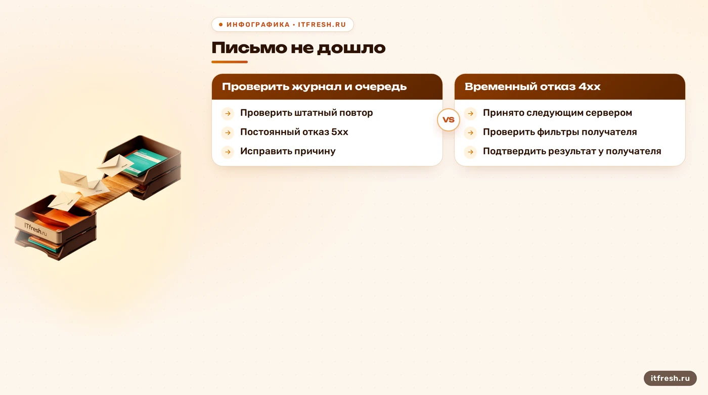 Дерево проверки недоставленной почты: временный отказ, постоянный отказ и фильтрация после приёма.
