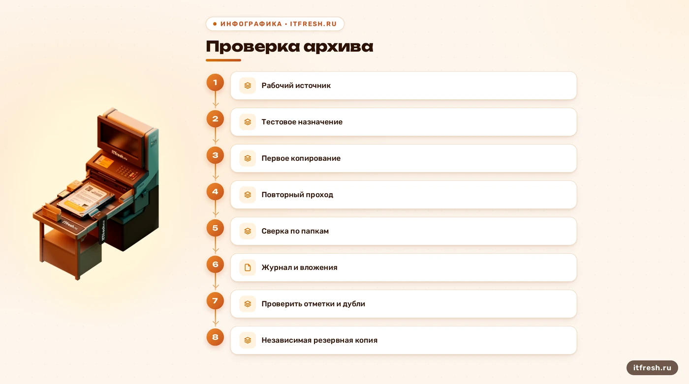 Схема проверки архива и повторного прохода imapsync в пилоте переноса почты
