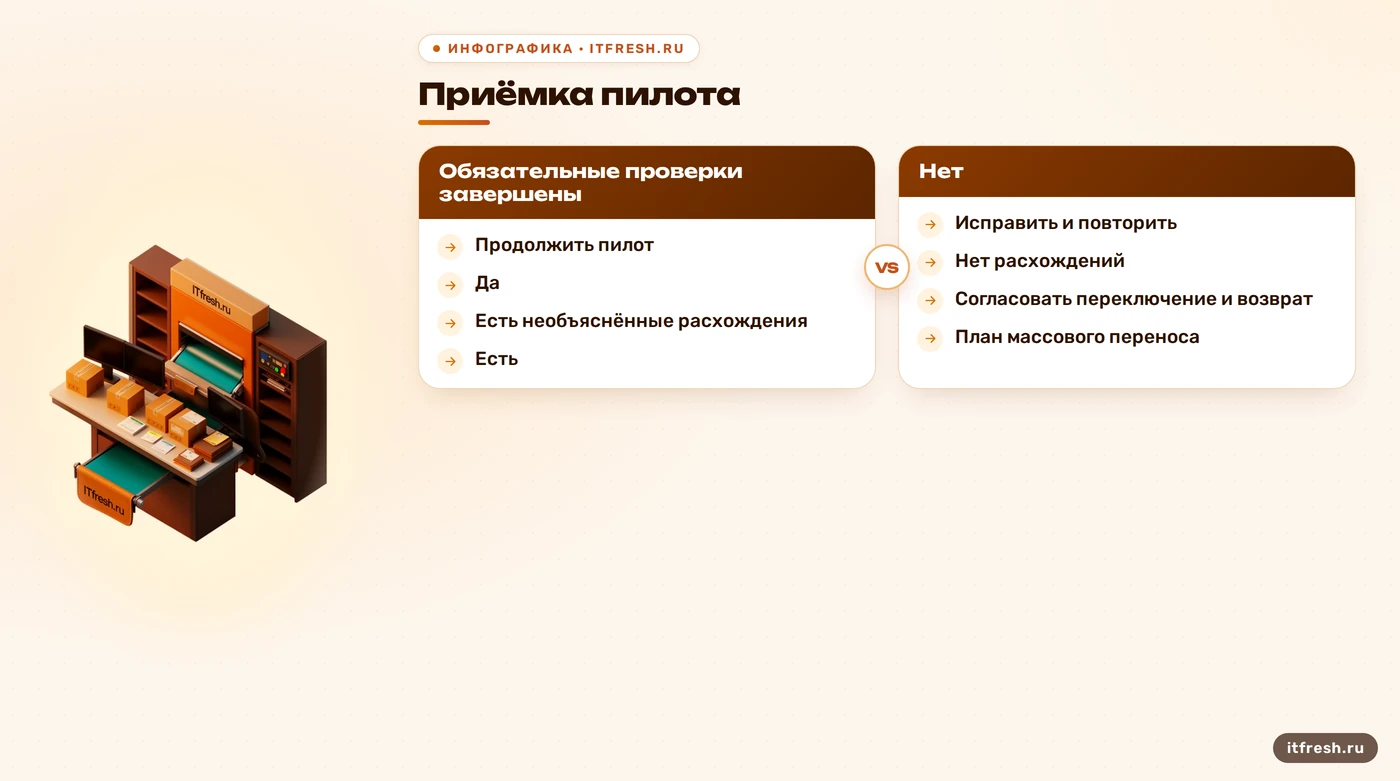 Дерево решений о приёмке пилота почты и подготовке массового переноса
