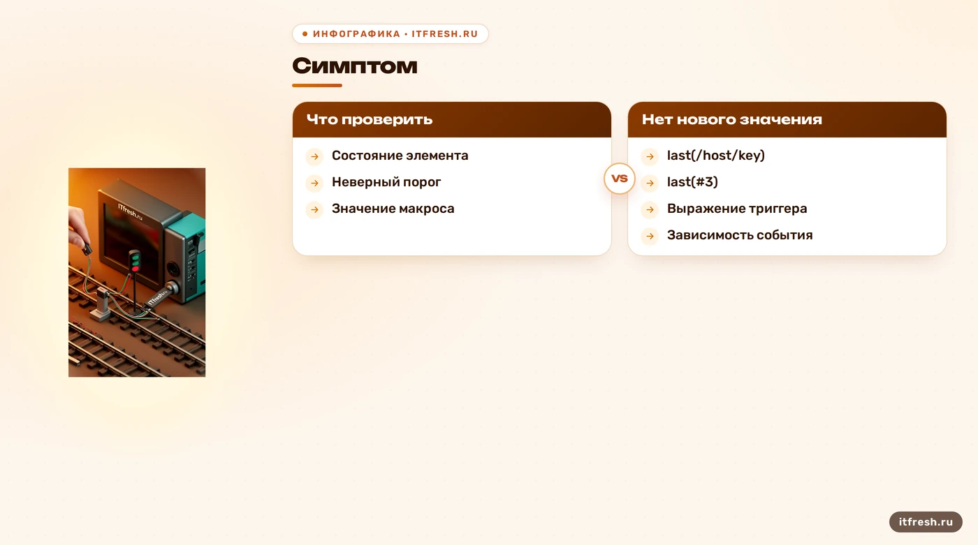 Сравнение симптомов и причин шума триггеров Zabbix