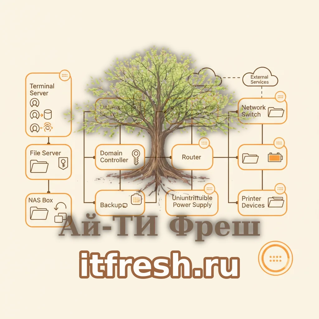 Карта инфраструктуры кейса с зонами мониторинга: терминальный сервер 1С, SQL, файловый сервер, контроллер домена, NAS с бэкапами, роутер, два коммутатора, ИБП и три МФУ, облачные сервисы СБИС и банков; каждый блок обведён оранжевым контуром с числом метрик, в углу итог около 450 метрик