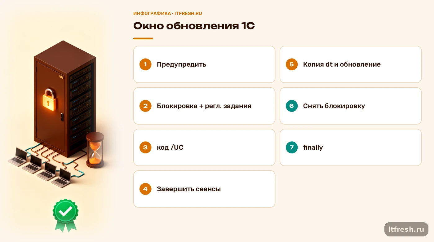 Чек-лист окна обновления 1С: предупреждение, блокировка, завершение сеансов, обновление, снятие блокировки