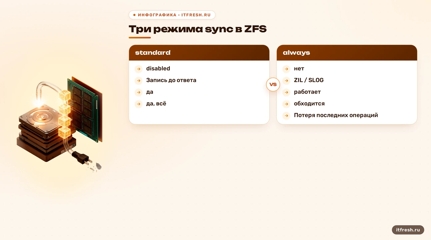 Сравнение режимов sync standard, always и disabled в ZFS и работы SLOG