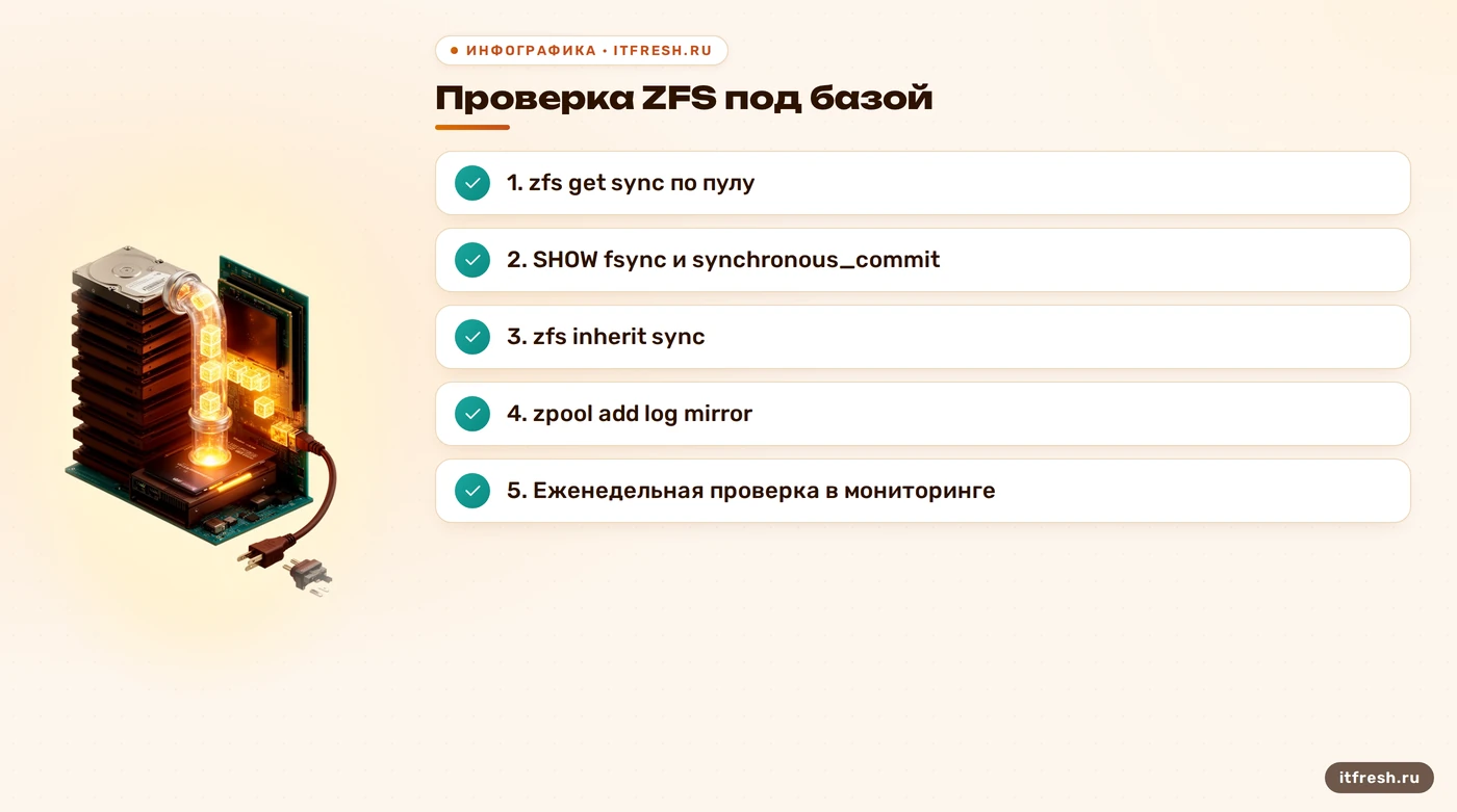 Чек-лист проверки sync, fsync и зеркала SLOG для ZFS под базой данных