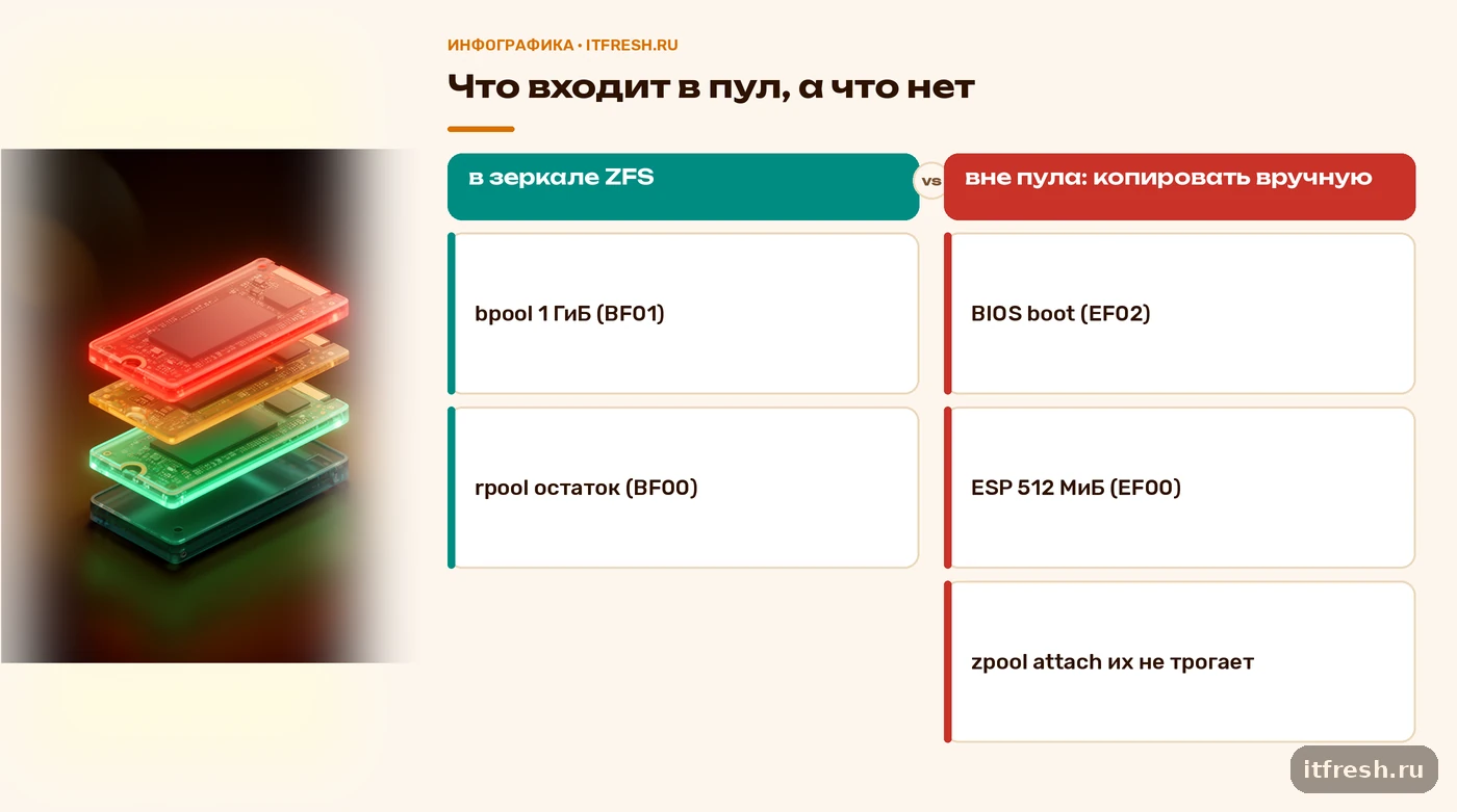 Схема разделов загрузочного диска ZFS: bpool и rpool в зеркале, ESP и BIOS boot вне пула