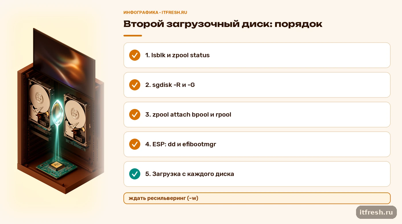 Пошаговый чек-лист добавления второго загрузочного диска в зеркало ZFS на Debian