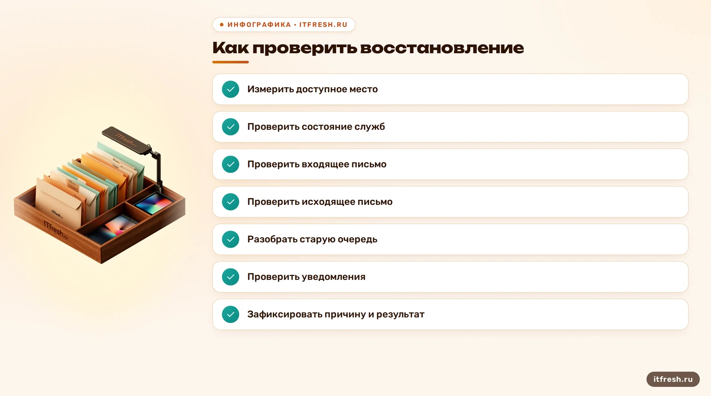 Чеклист проверки Zimbra: место, службы, доставка, очередь и уведомления