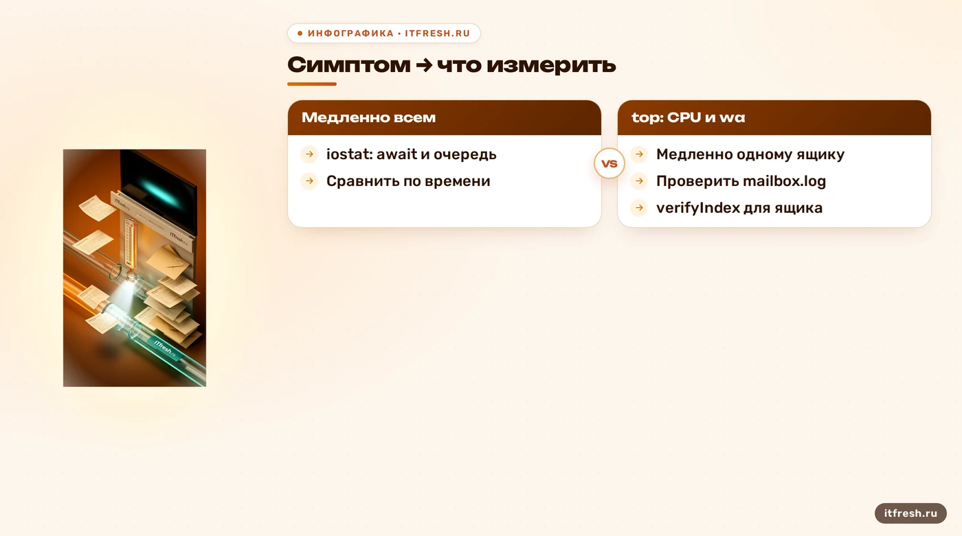 Дерево диагностики медленной работы Zimbra по общему симптому и проблеме одного ящика