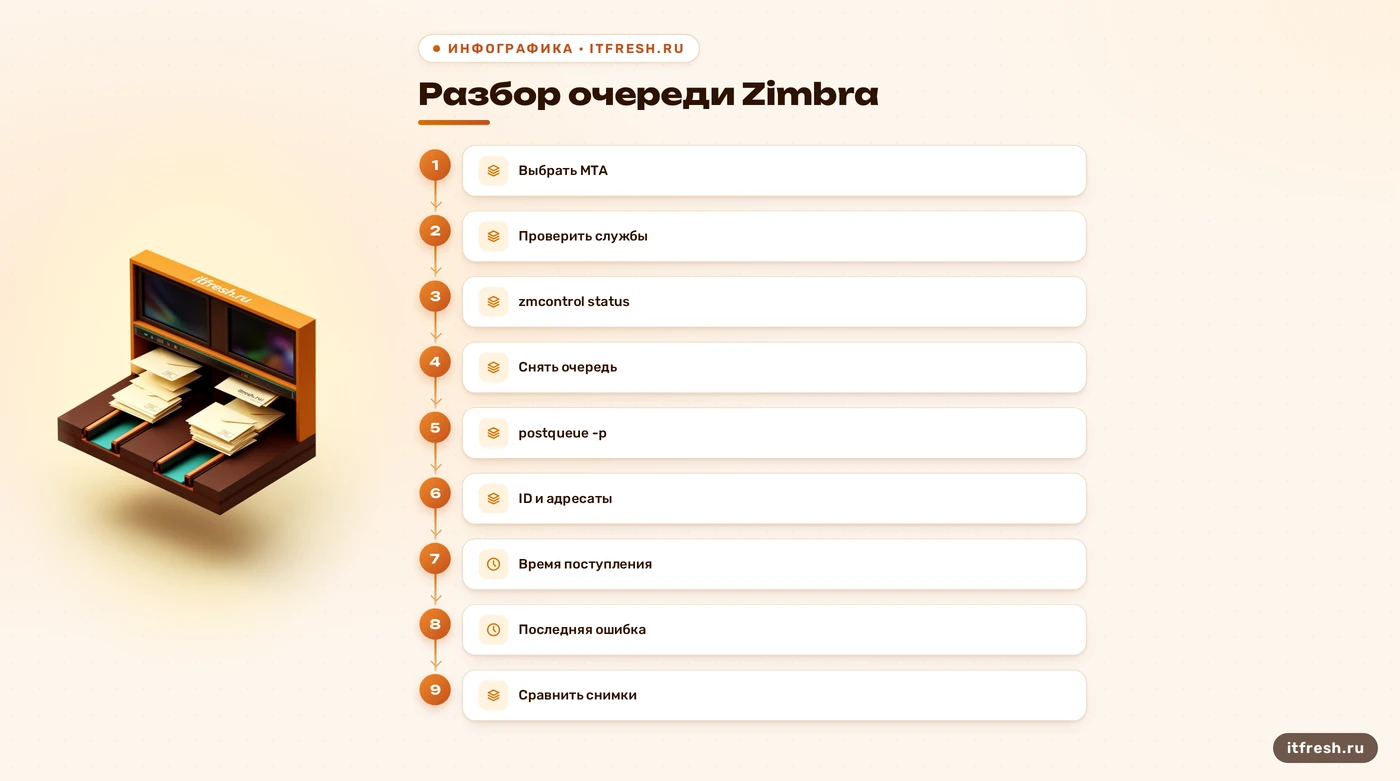 Схема диагностики очереди Zimbra: службы, ID письма, возраст и последняя ошибка
