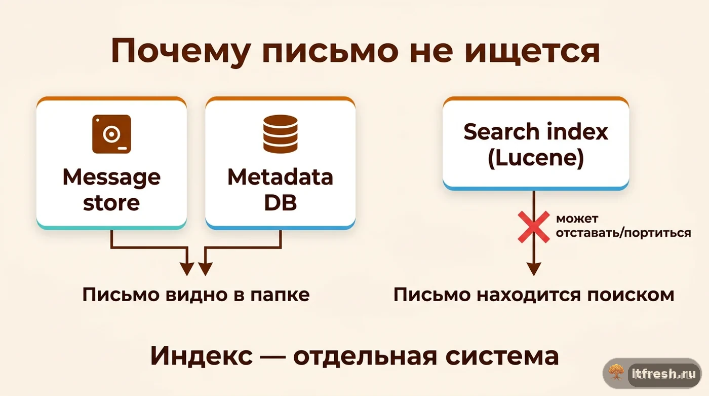 Схема: хранилище писем и метаданные отдельны от поискового индекса Zimbra, поэтому письмо может быть видно, но не находиться поиском