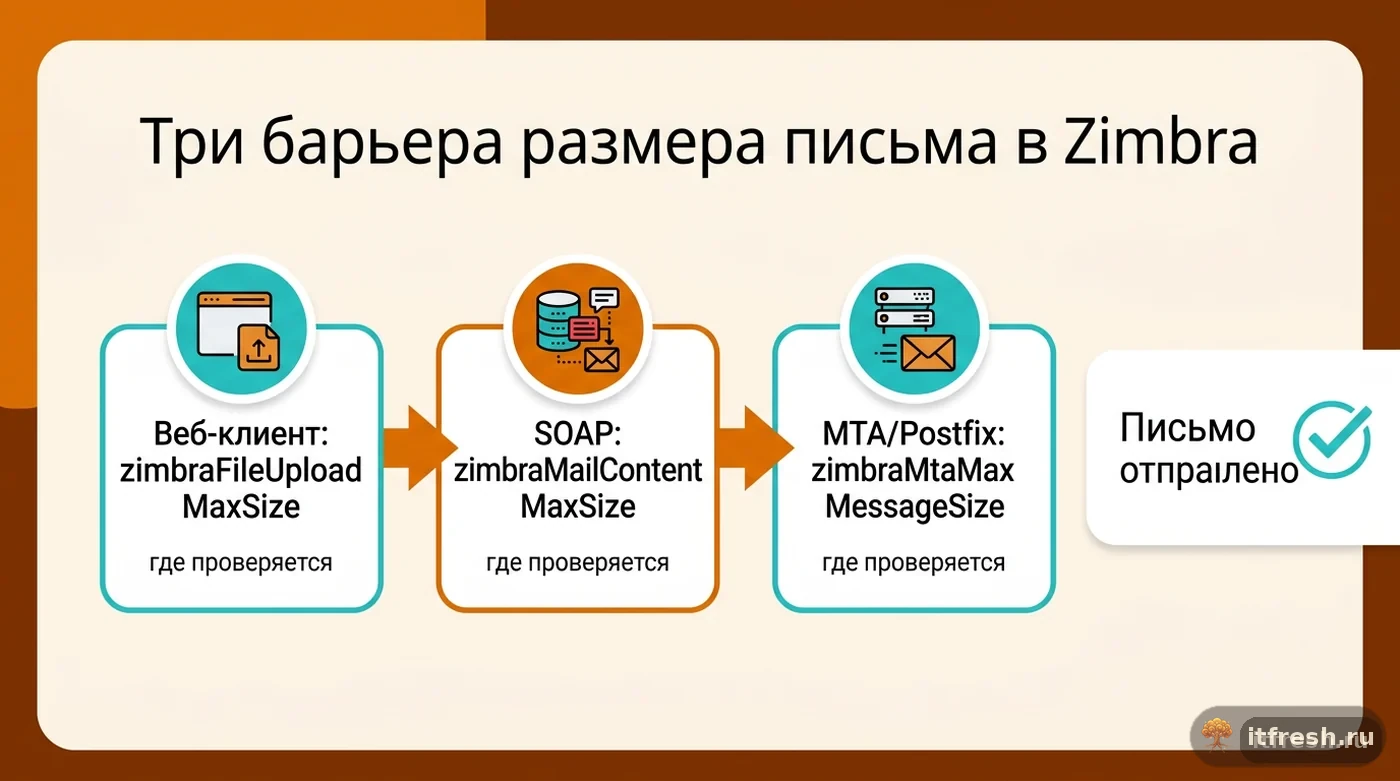 Схема трёх последовательных лимитов размера письма в Zimbra: веб-клиент, SOAP и MTA