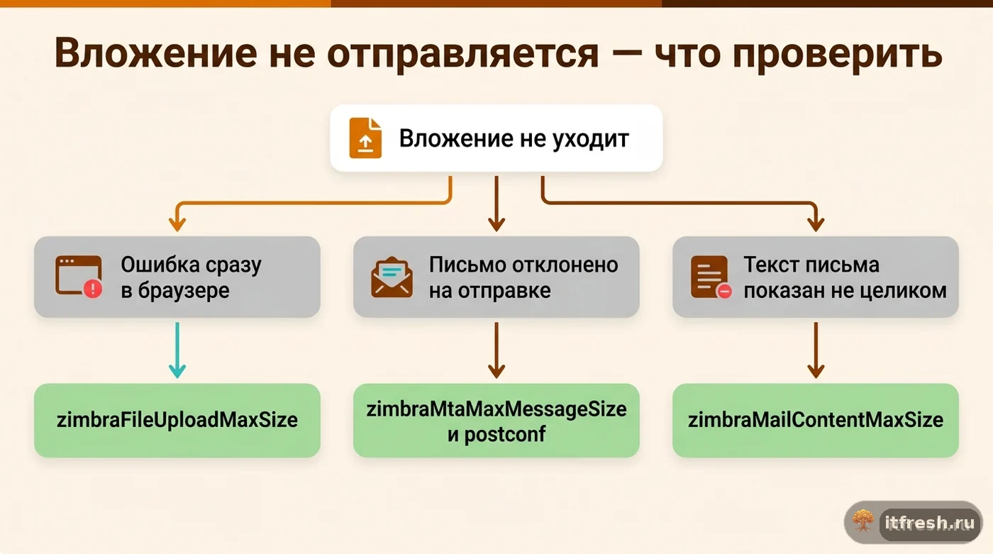 Дерево решений: какой атрибут Zimbra проверять по симптому неотправленного вложения