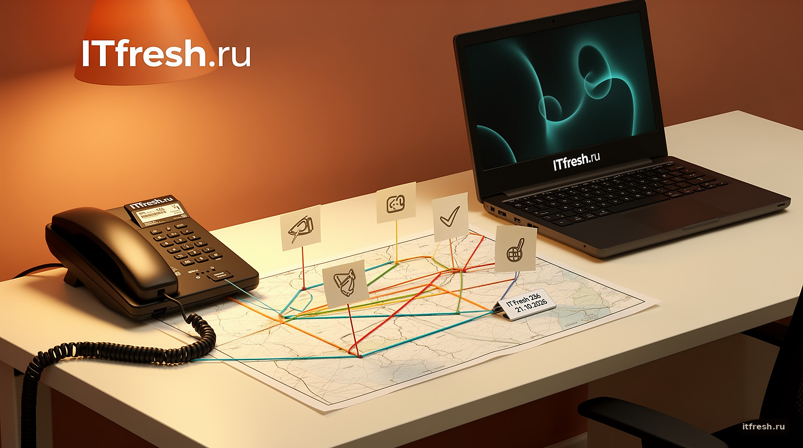 Настольный телефон и оборванная схема пути вызова.