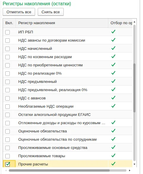Обнуление остатков: Отметьте регистры накопления